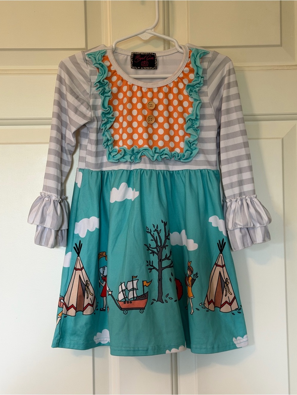 Girls Teal Thanksgiving Print Ruffle Dress